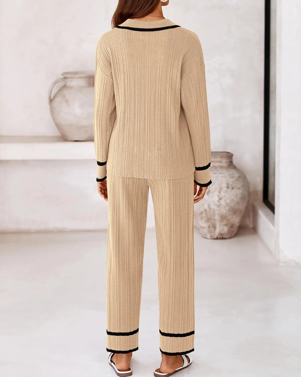 BTFBM Womens 2 Piece Outfits Fall Winter 2024 Long Sleeve V Neck Sweater and Wide Leg Pants Lounge Sets Knit Tracksuits