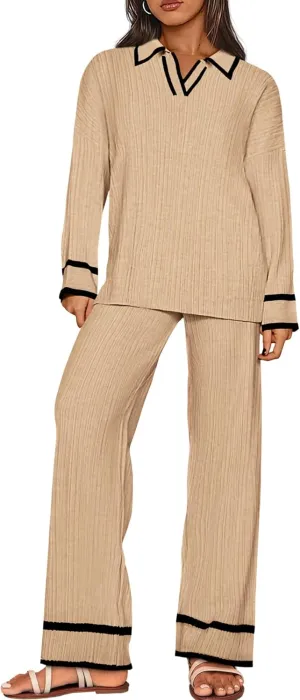 BTFBM Womens 2 Piece Outfits Fall Winter 2024 Long Sleeve V Neck Sweater and Wide Leg Pants Lounge Sets Knit Tracksuits