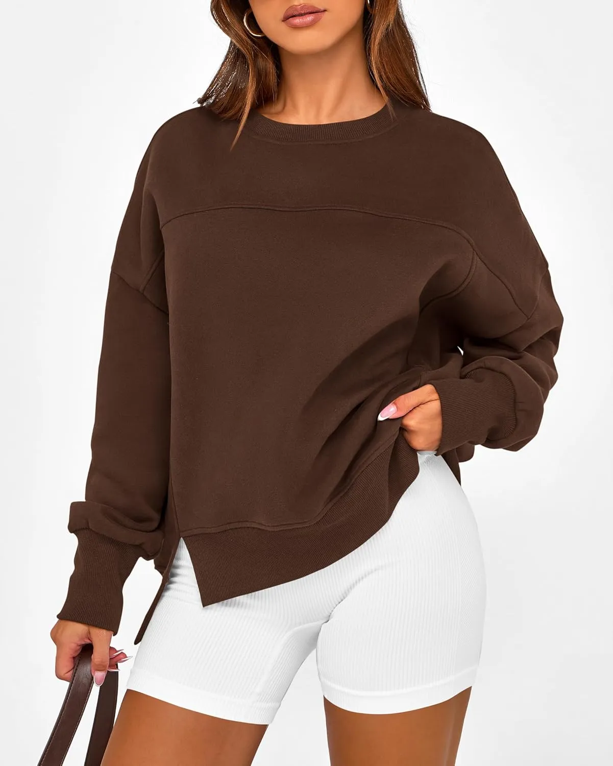 BTFBM Women's Casual Crewneck Sweatshirts 2025 Spring Fall Clothes Long Sleeve Side Slit Workout Fleece Pullover Tops