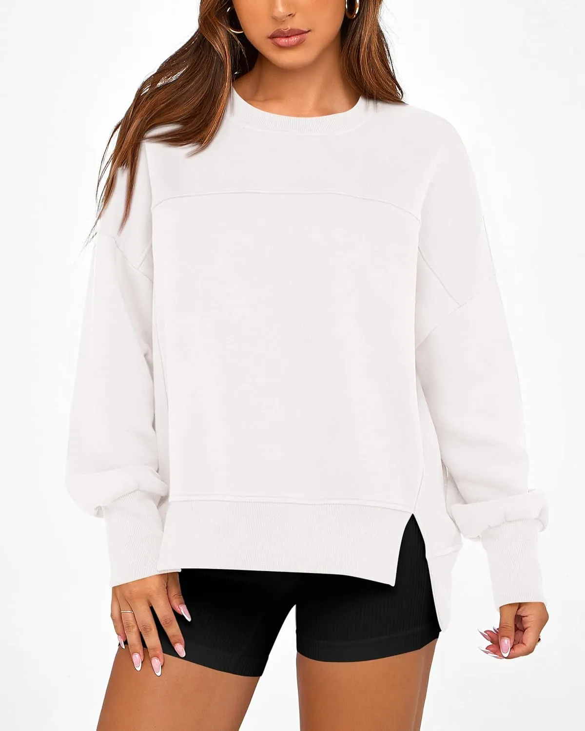 BTFBM Women's Casual Crewneck Sweatshirts 2025 Spring Fall Clothes Long Sleeve Side Slit Workout Fleece Pullover Tops