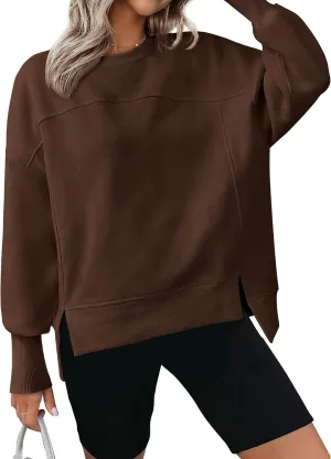 BTFBM Women's Casual Crewneck Sweatshirts 2025 Spring Fall Clothes Long Sleeve Side Slit Workout Fleece Pullover Tops