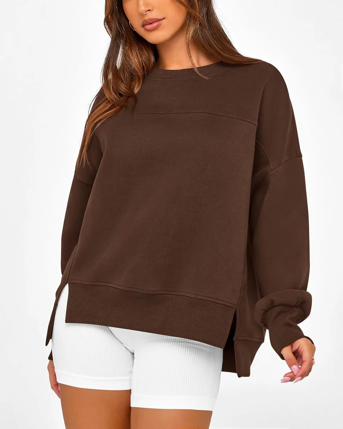 BTFBM Women's Casual Crewneck Sweatshirts 2025 Spring Fall Clothes Long Sleeve Side Slit Workout Fleece Pullover Tops