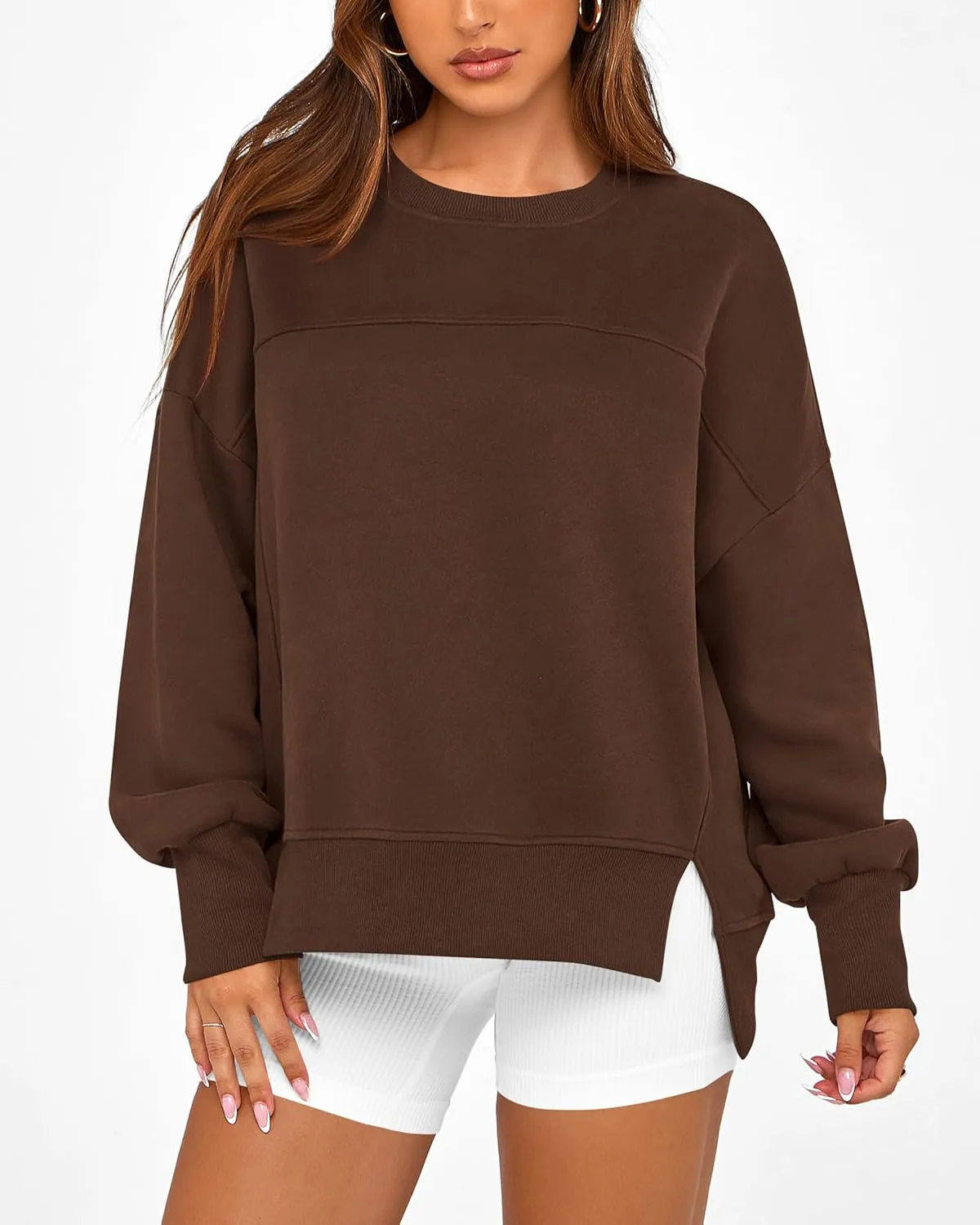 BTFBM Women's Casual Crewneck Sweatshirts 2025 Spring Fall Clothes Long Sleeve Side Slit Workout Fleece Pullover Tops