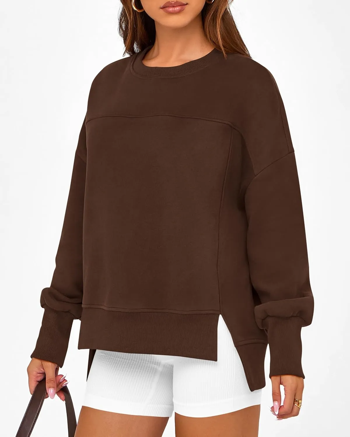 BTFBM Women's Casual Crewneck Sweatshirts 2025 Spring Fall Clothes Long Sleeve Side Slit Workout Fleece Pullover Tops
