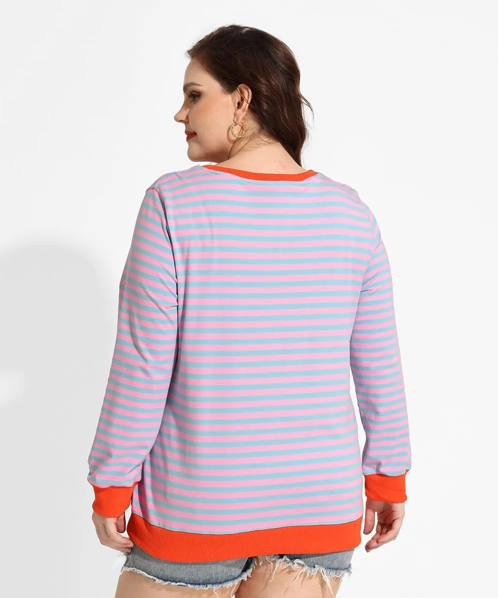 CARCOS Plus Size Tops for Women Crew Neck Striped Sweatshirt Long Sleeve Pullover Top Casual Color Block Shirts