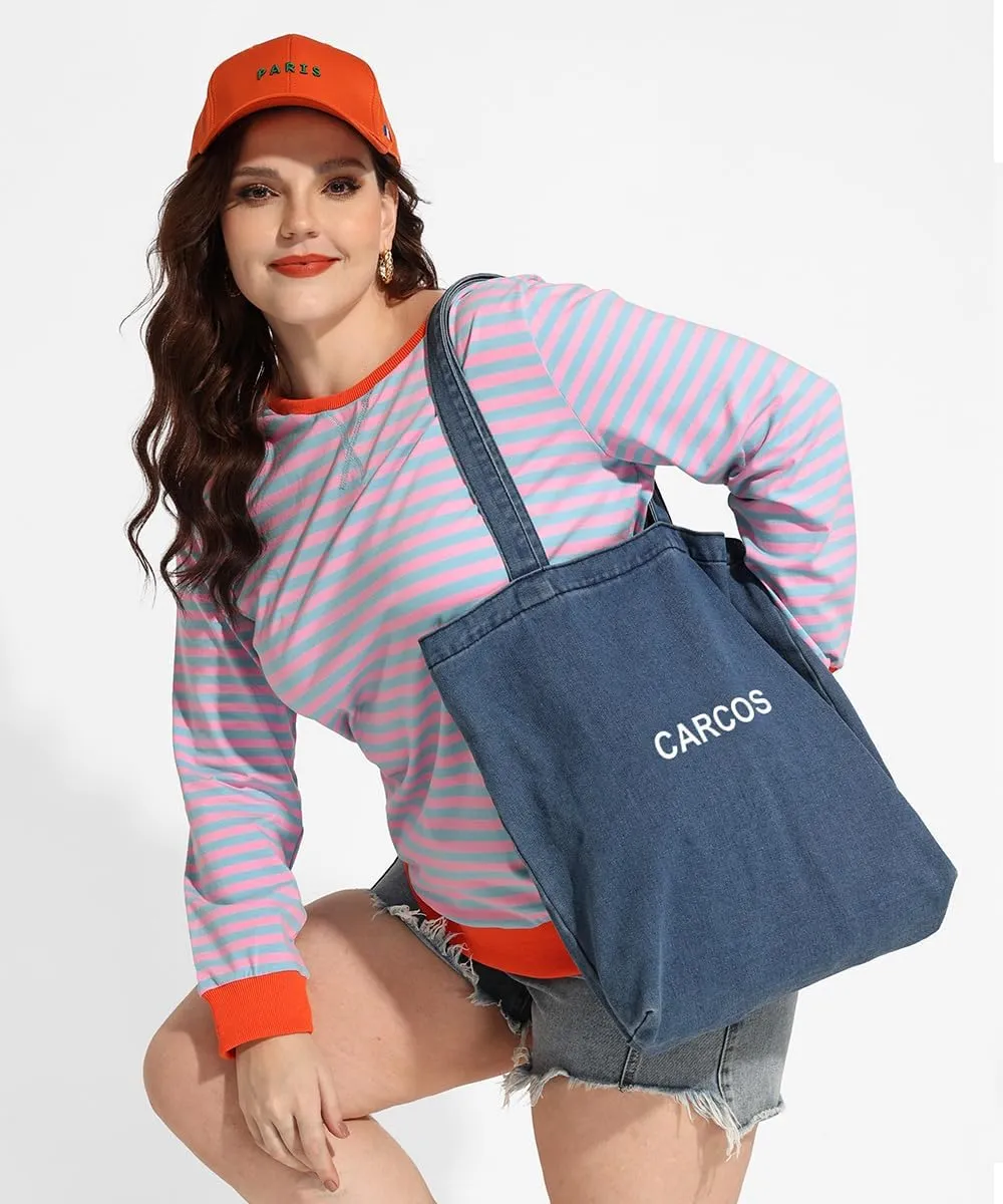 CARCOS Plus Size Tops for Women Crew Neck Striped Sweatshirt Long Sleeve Pullover Top Casual Color Block Shirts