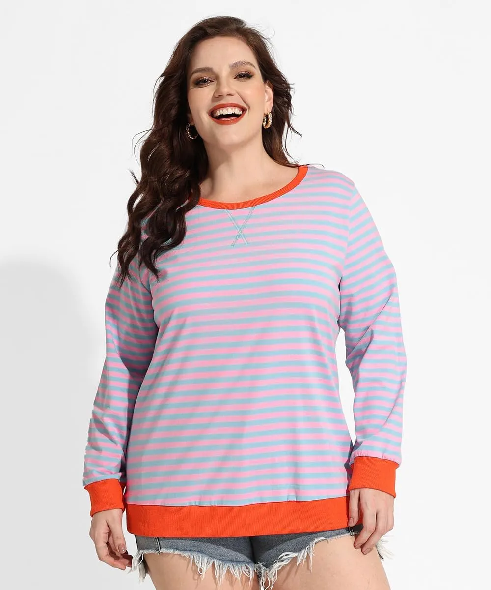 CARCOS Plus Size Tops for Women Crew Neck Striped Sweatshirt Long Sleeve Pullover Top Casual Color Block Shirts