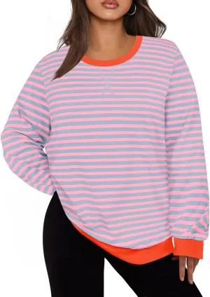 CARCOS Plus Size Tops for Women Crew Neck Striped Sweatshirt Long Sleeve Pullover Top Casual Color Block Shirts