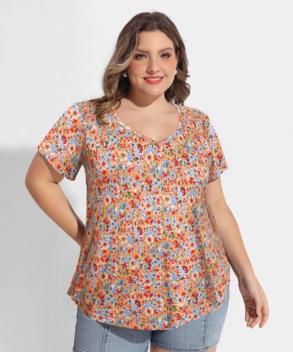CARCOS Plus Size Tops for Women Short Sleeve Smocked V Neck Shirts Casual Summer Tunic Loose Fit Tshirts XL-5XL