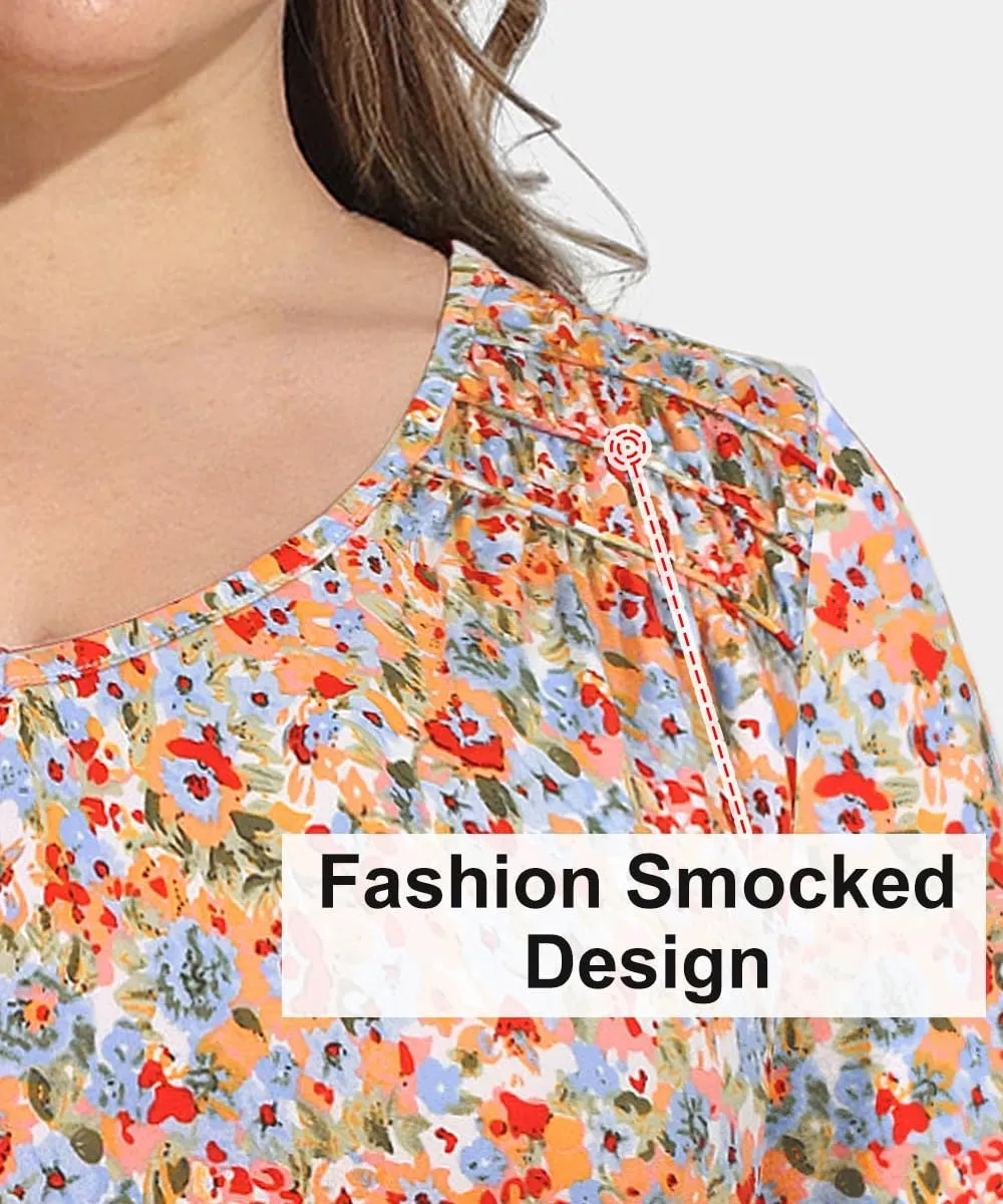 CARCOS Plus Size Tops for Women Short Sleeve Smocked V Neck Shirts Casual Summer Tunic Loose Fit Tshirts XL-5XL