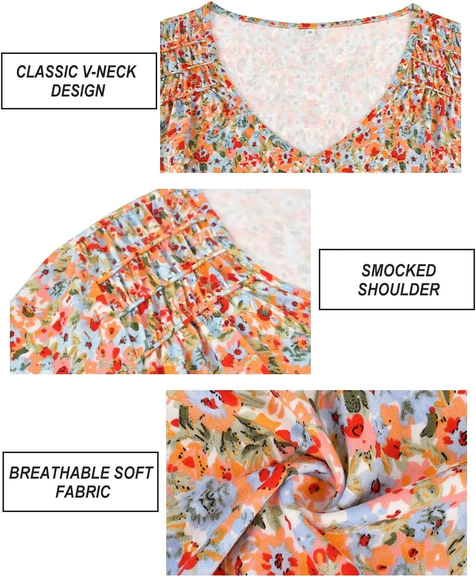 CARCOS Plus Size Tops for Women Short Sleeve Smocked V Neck Shirts Casual Summer Tunic Loose Fit Tshirts XL-5XL