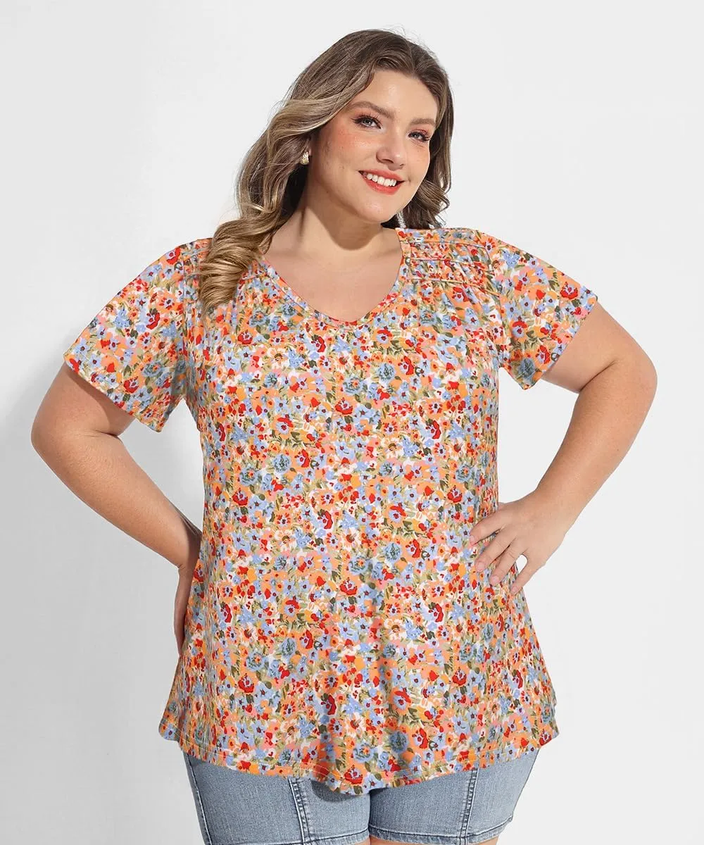 CARCOS Plus Size Tops for Women Short Sleeve Smocked V Neck Shirts Casual Summer Tunic Loose Fit Tshirts XL-5XL