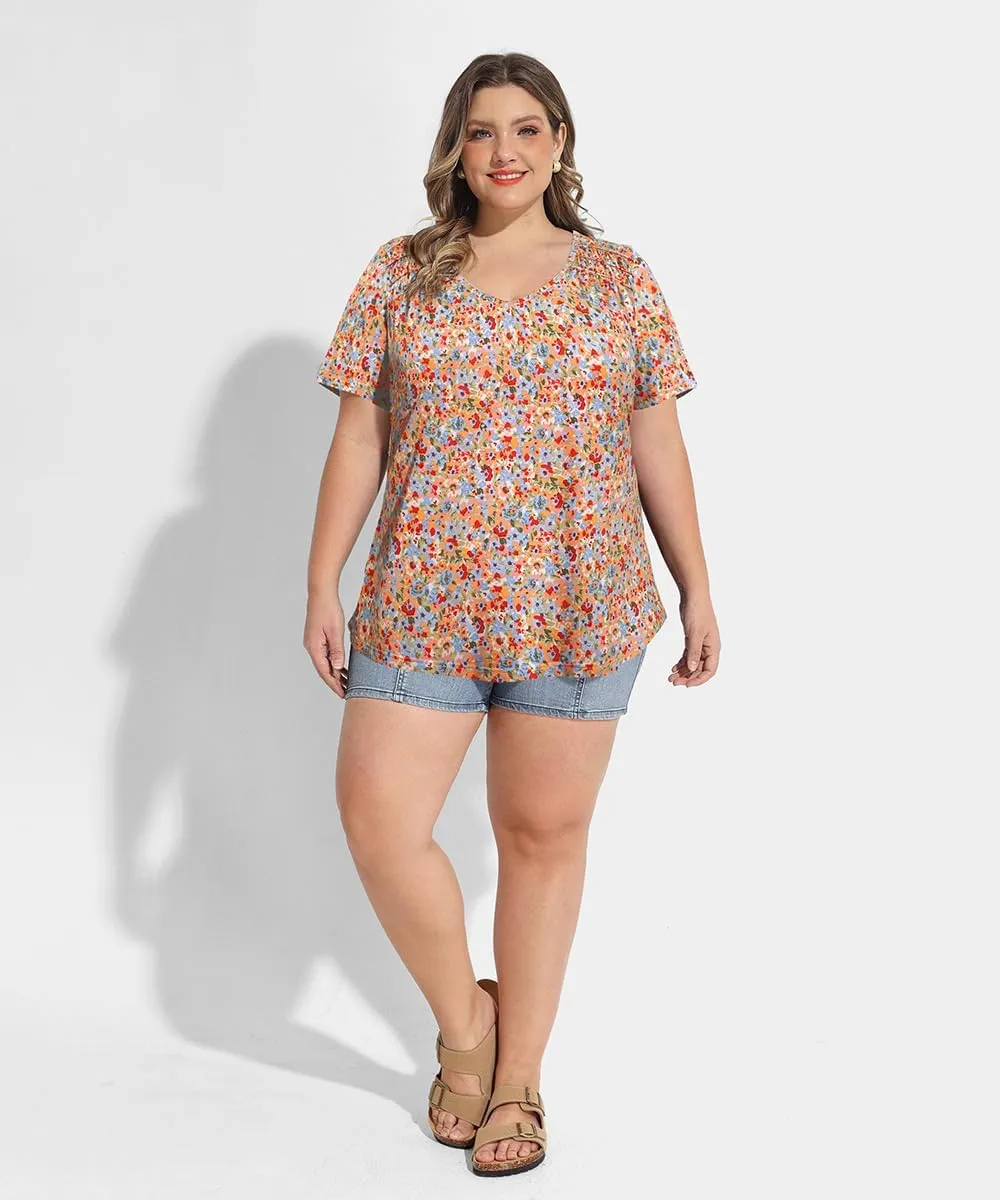 CARCOS Plus Size Tops for Women Short Sleeve Smocked V Neck Shirts Casual Summer Tunic Loose Fit Tshirts XL-5XL
