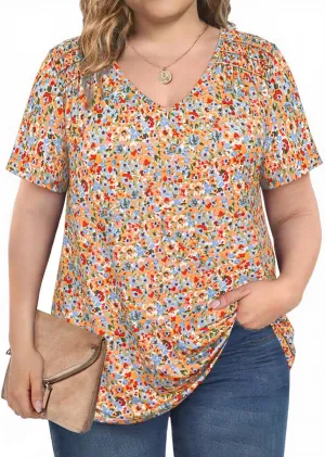 CARCOS Plus Size Tops for Women Short Sleeve Smocked V Neck Shirts Casual Summer Tunic Loose Fit Tshirts XL-5XL