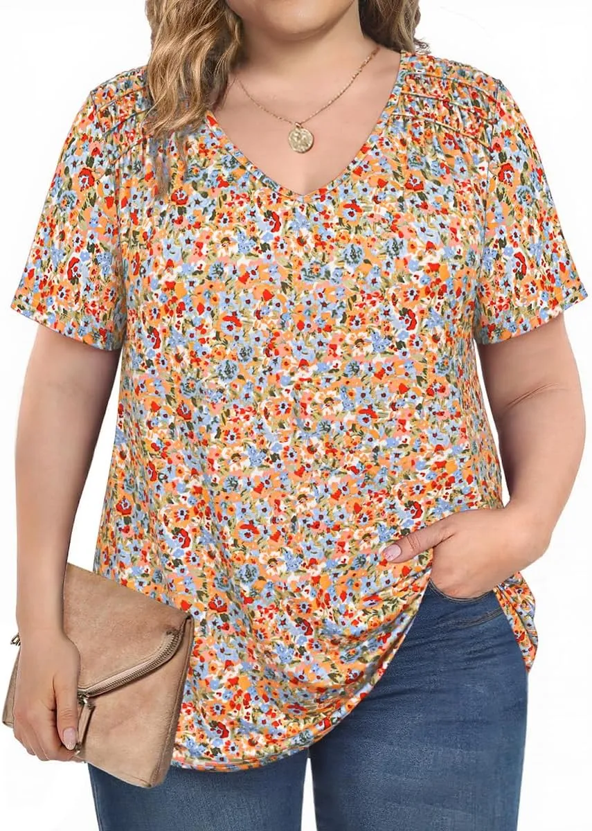 CARCOS Plus Size Tops for Women Short Sleeve Smocked V Neck Shirts Casual Summer Tunic Loose Fit Tshirts XL-5XL