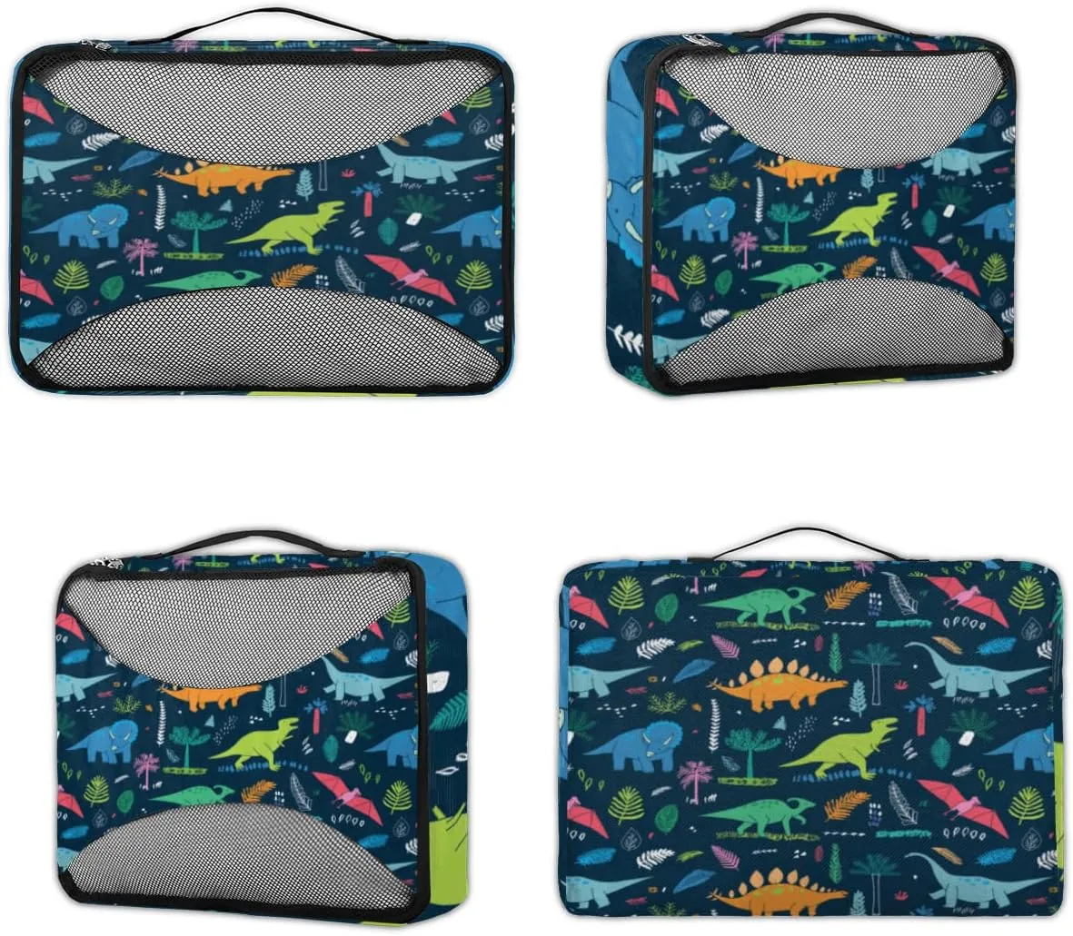 Cartoon Animal Dinosaur Tropical Trees Packing Cubes 4 Pack Travel Packing Bags Individual Carry on Suitcases Underwear Luggage Mesh Organizer Packing Cubes Set for Travel Bag Backpack