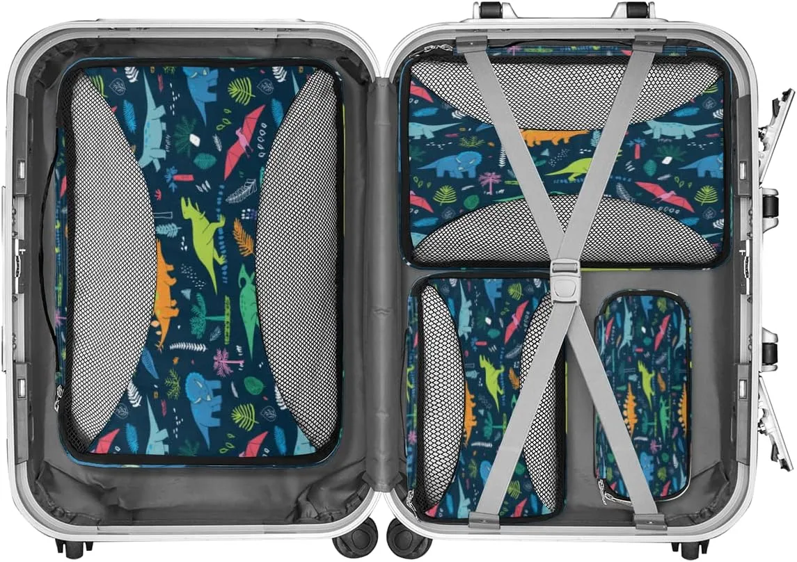 Cartoon Animal Dinosaur Tropical Trees Packing Cubes 4 Pack Travel Packing Bags Individual Carry on Suitcases Underwear Luggage Mesh Organizer Packing Cubes Set for Travel Bag Backpack