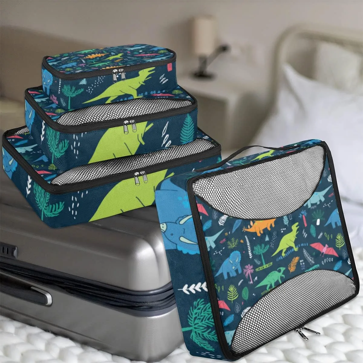 Cartoon Animal Dinosaur Tropical Trees Packing Cubes 4 Pack Travel Packing Bags Individual Carry on Suitcases Underwear Luggage Mesh Organizer Packing Cubes Set for Travel Bag Backpack
