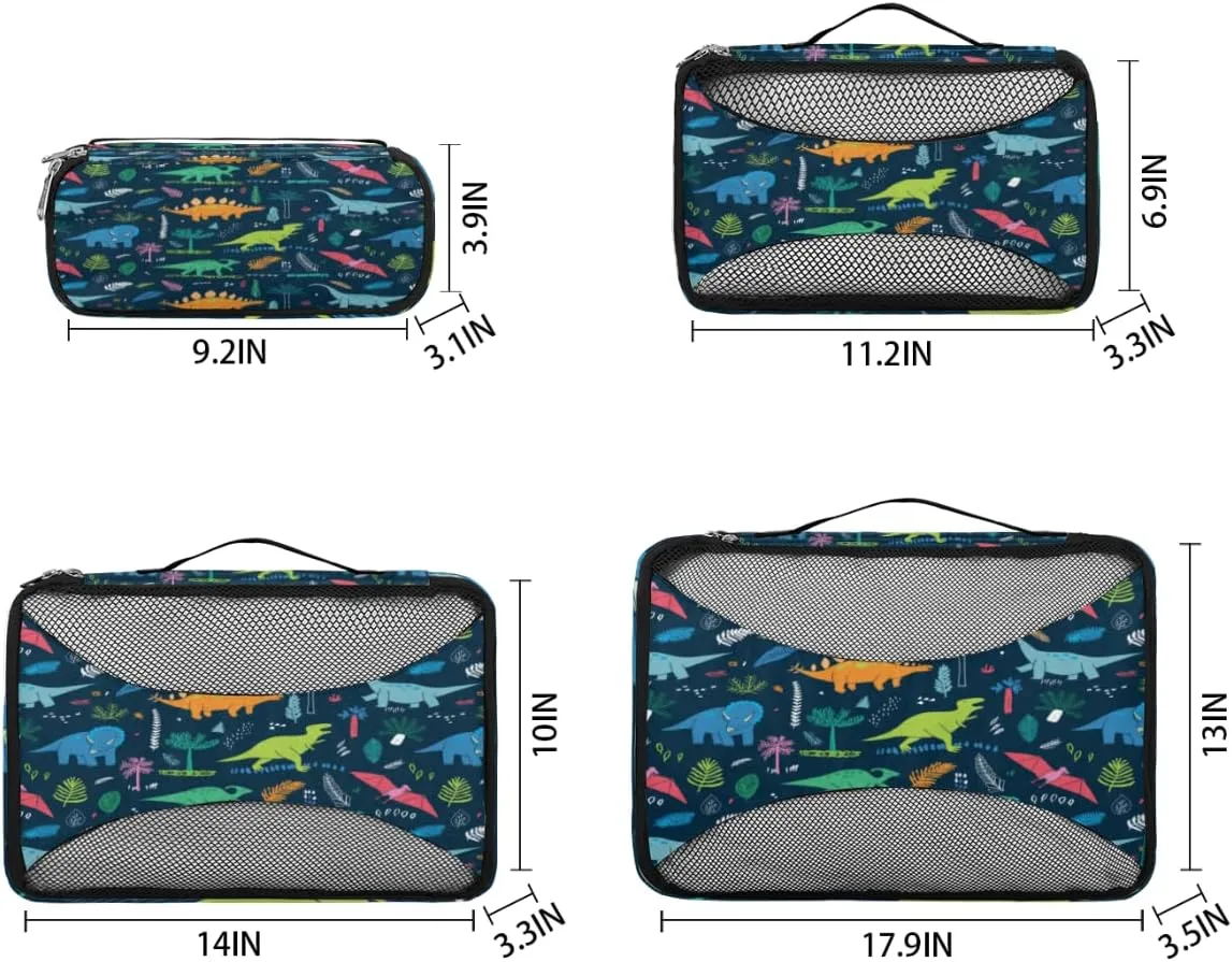 Cartoon Animal Dinosaur Tropical Trees Packing Cubes 4 Pack Travel Packing Bags Individual Carry on Suitcases Underwear Luggage Mesh Organizer Packing Cubes Set for Travel Bag Backpack