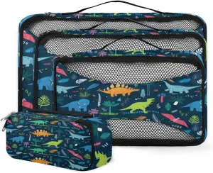 Cartoon Animal Dinosaur Tropical Trees Packing Cubes 4 Pack Travel Packing Bags Individual Carry on Suitcases Underwear Luggage Mesh Organizer Packing Cubes Set for Travel Bag Backpack