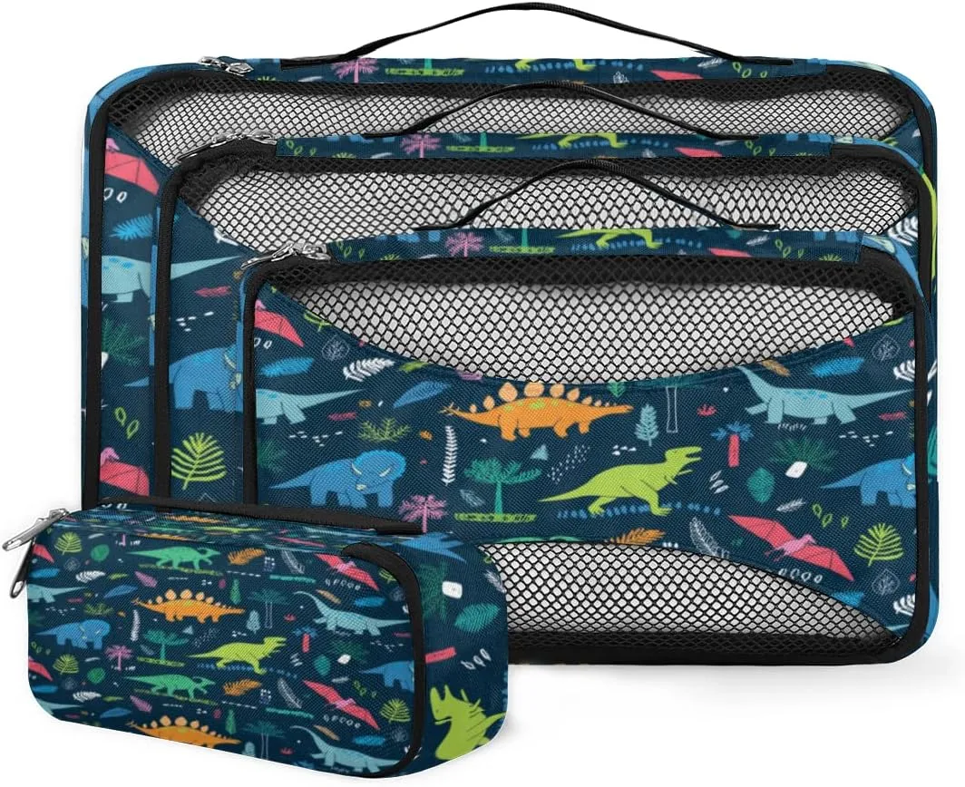 Cartoon Animal Dinosaur Tropical Trees Packing Cubes 4 Pack Travel Packing Bags Individual Carry on Suitcases Underwear Luggage Mesh Organizer Packing Cubes Set for Travel Bag Backpack