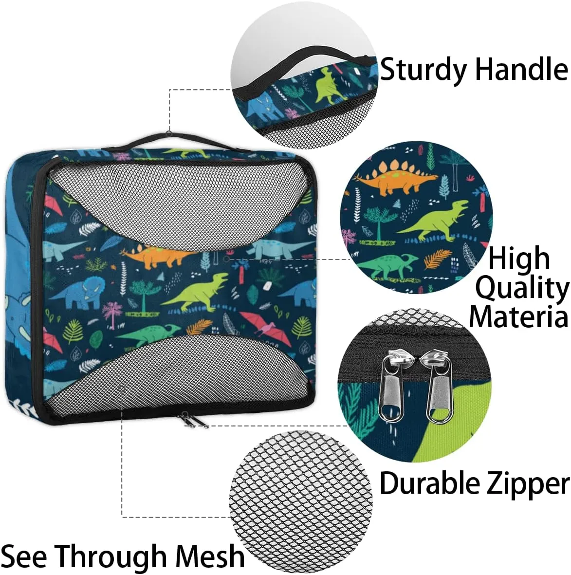 Cartoon Animal Dinosaur Tropical Trees Packing Cubes 4 Pack Travel Packing Bags Individual Carry on Suitcases Underwear Luggage Mesh Organizer Packing Cubes Set for Travel Bag Backpack