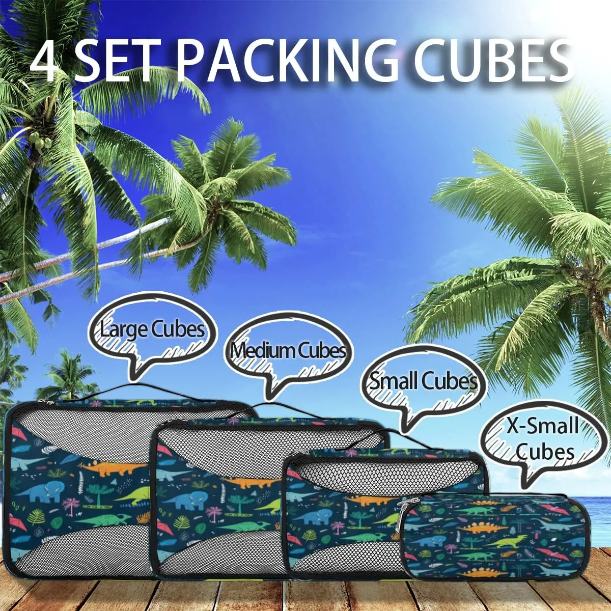Cartoon Animal Dinosaur Tropical Trees Packing Cubes 4 Pack Travel Packing Bags Individual Carry on Suitcases Underwear Luggage Mesh Organizer Packing Cubes Set for Travel Bag Backpack