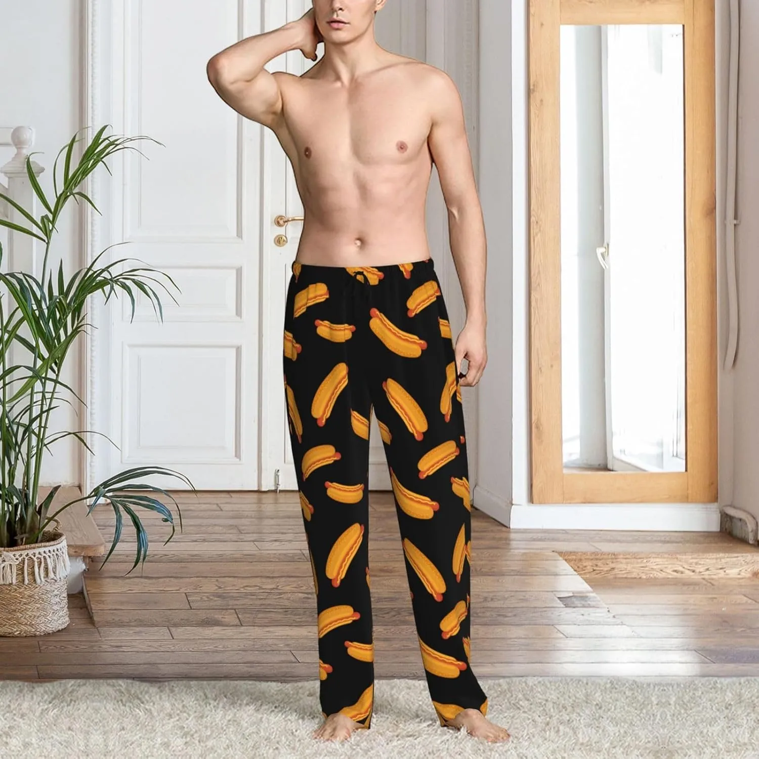 Cartoon Hot Dog Print Black Mens Pajama Pants - Sleep Lounge Pants For Men, Funny Pj Bottoms Pants With Pockets