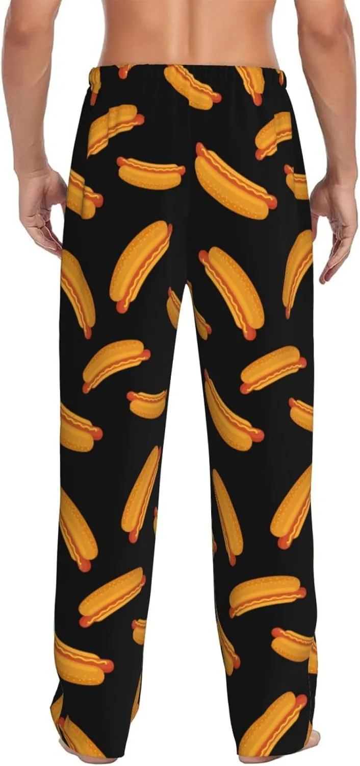 Cartoon Hot Dog Print Black Mens Pajama Pants - Sleep Lounge Pants For Men, Funny Pj Bottoms Pants With Pockets