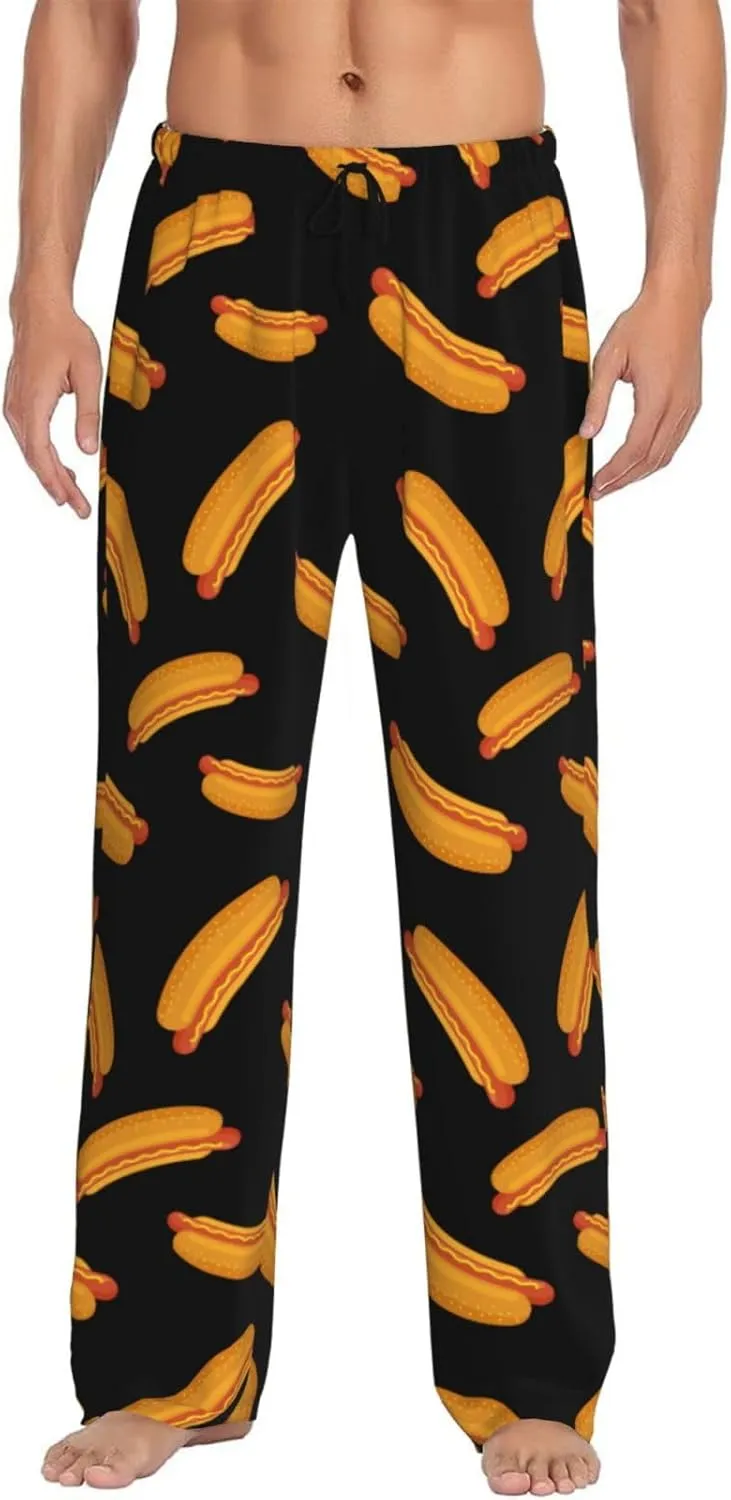 Cartoon Hot Dog Print Black Mens Pajama Pants - Sleep Lounge Pants For Men, Funny Pj Bottoms Pants With Pockets