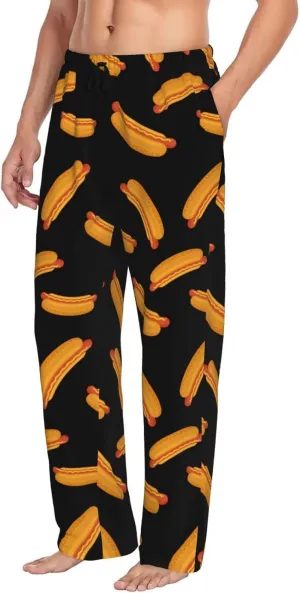 Cartoon Hot Dog Print Black Mens Pajama Pants - Sleep Lounge Pants For Men, Funny Pj Bottoms Pants With Pockets