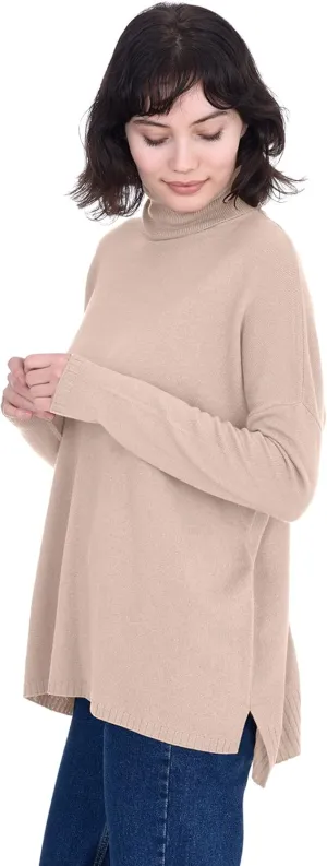 Cashmeren Womens Oversized Turtleneck Sweater with Side Slits 100% Pure Cashmere Long Sleeve Roll Neck Pullover