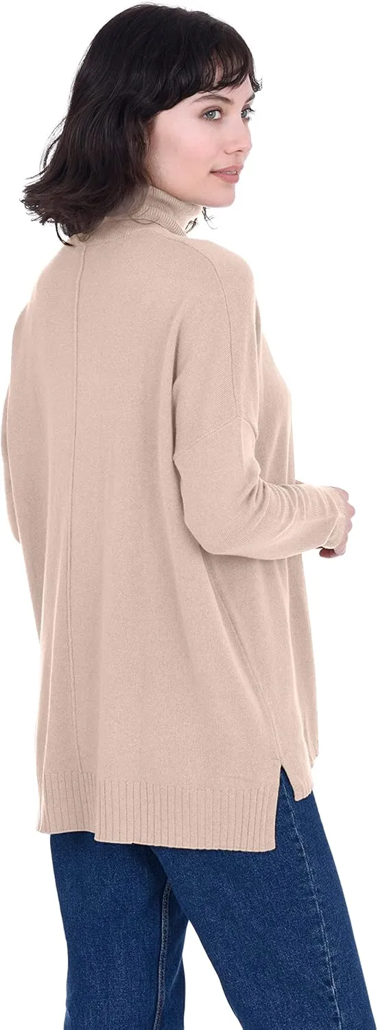 Cashmeren Womens Oversized Turtleneck Sweater with Side Slits 100% Pure Cashmere Long Sleeve Roll Neck Pullover