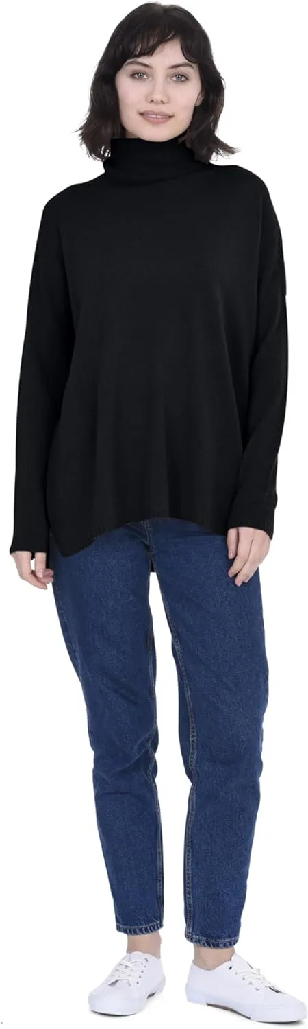 Cashmeren Womens Oversized Turtleneck Sweater with Side Slits 100% Pure Cashmere Long Sleeve Roll Neck Pullover