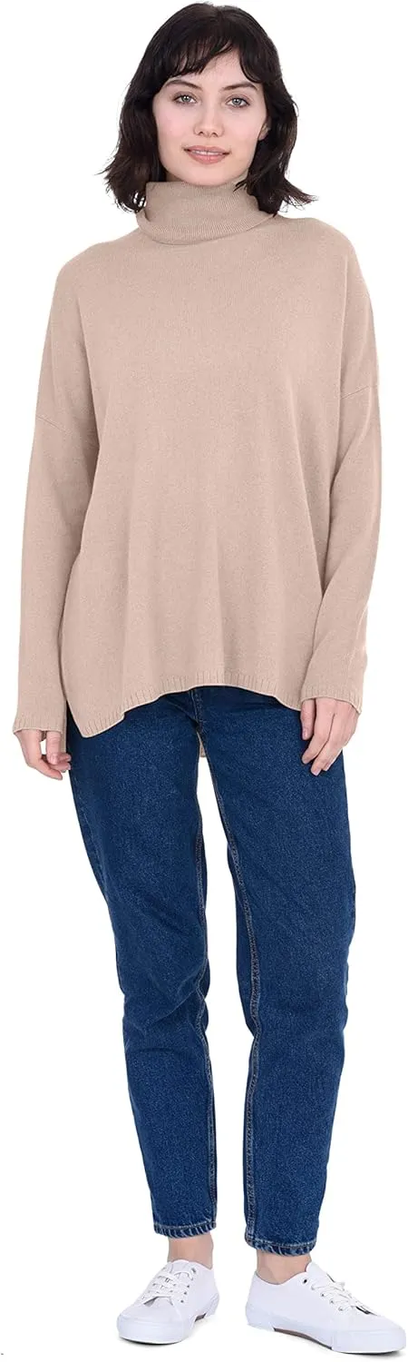 Cashmeren Womens Oversized Turtleneck Sweater with Side Slits 100% Pure Cashmere Long Sleeve Roll Neck Pullover