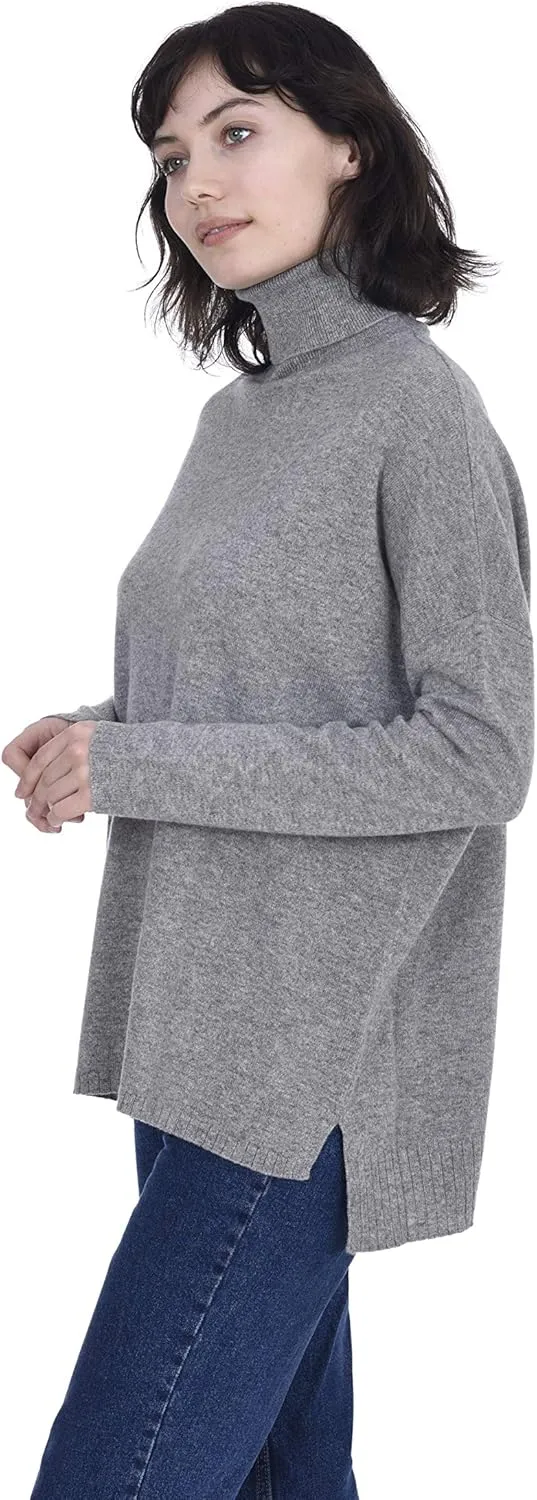 Cashmeren Womens Oversized Turtleneck Sweater with Side Slits 100% Pure Cashmere Long Sleeve Roll Neck Pullover