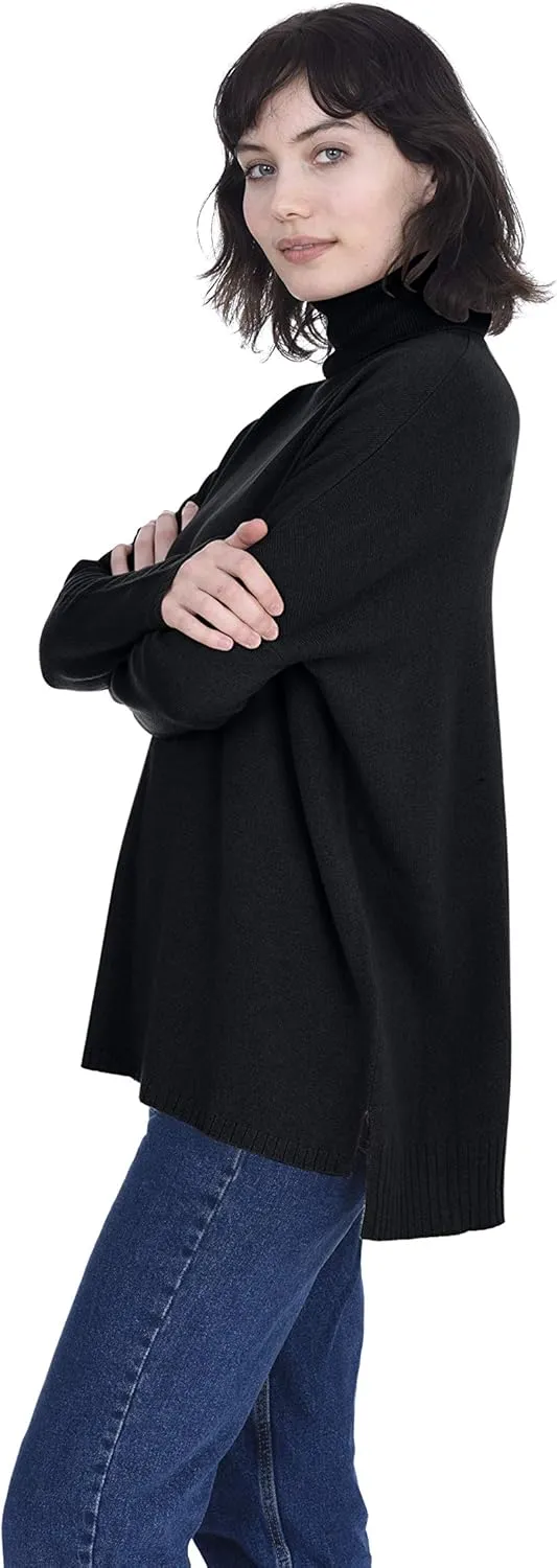 Cashmeren Womens Oversized Turtleneck Sweater with Side Slits 100% Pure Cashmere Long Sleeve Roll Neck Pullover