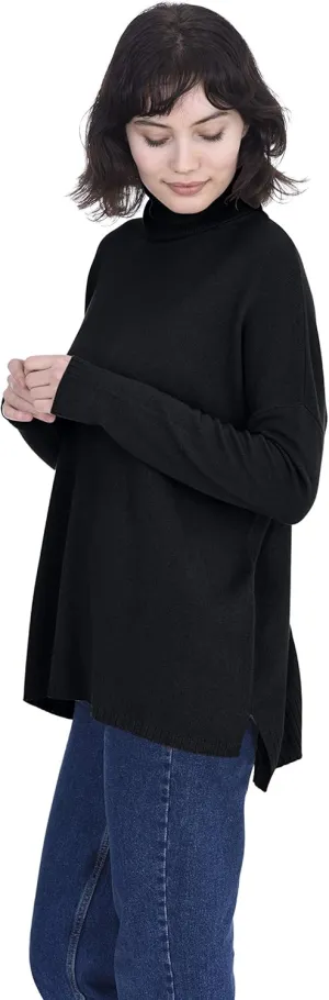 Cashmeren Womens Oversized Turtleneck Sweater with Side Slits 100% Pure Cashmere Long Sleeve Roll Neck Pullover
