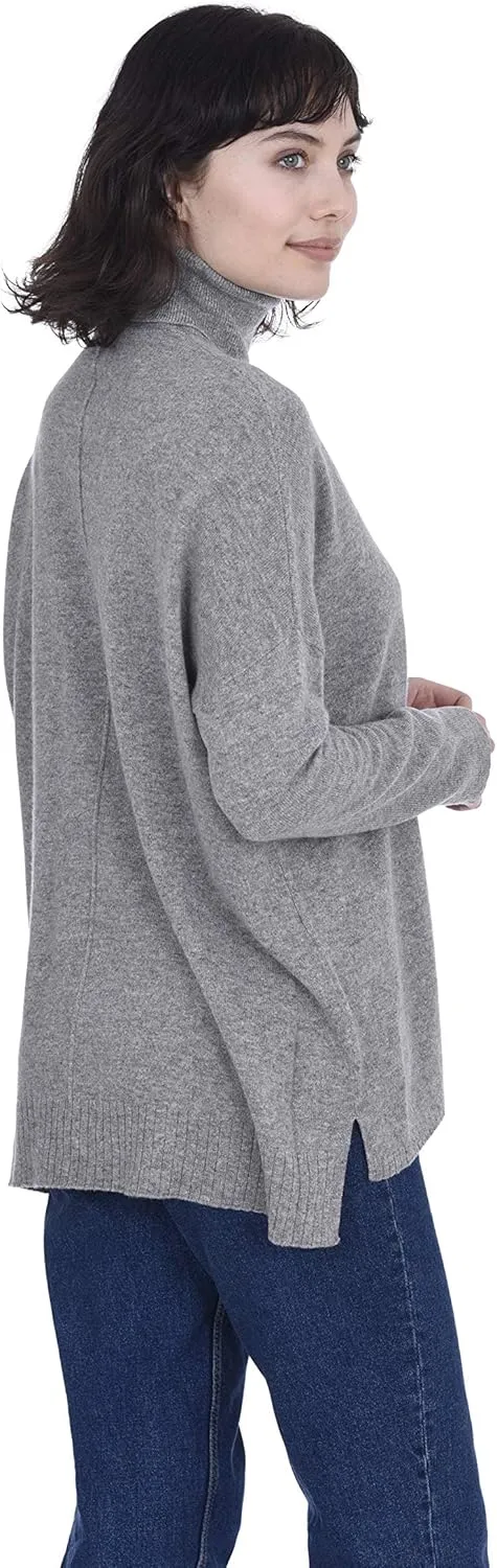 Cashmeren Womens Oversized Turtleneck Sweater with Side Slits 100% Pure Cashmere Long Sleeve Roll Neck Pullover