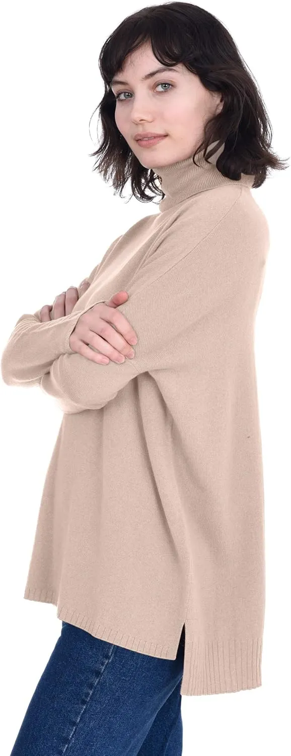 Cashmeren Womens Oversized Turtleneck Sweater with Side Slits 100% Pure Cashmere Long Sleeve Roll Neck Pullover