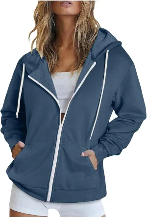 Cbcbtwo Zip Up Hoodies for Women Y2K Oversized Solid Sweatshirts Teen Girl Fall Casual Drawstring Jackets Loose Fleece Tops