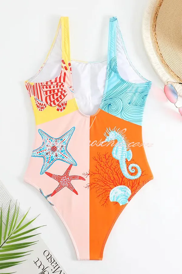 Cheerful Marine Animal Print Backless One Piece Swimsuit and Elastic Waist Skirt