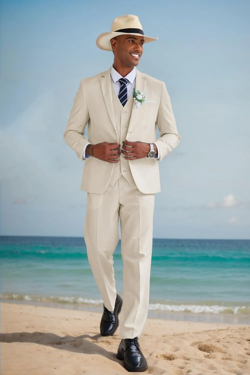 COOFANDY Men's 3 Piece Linen Suits Casual Lightweight Blazer Jackets Vest Pants Set for Wedding Business Prom