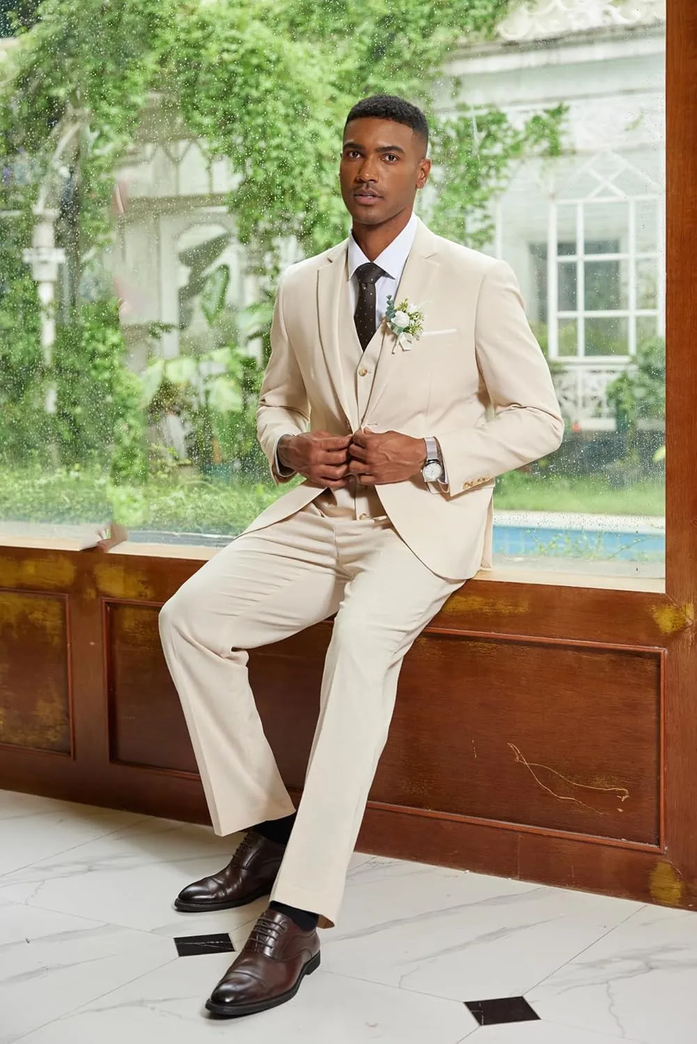 COOFANDY Men's 3 Piece Linen Suits Casual Lightweight Blazer Jackets Vest Pants Set for Wedding Business Prom