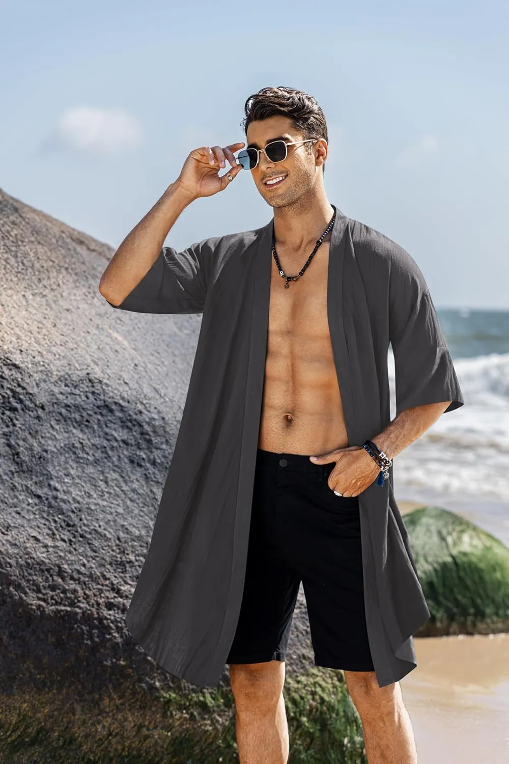COOFANDY Men's Ruffle Shawl Collar Lightweight Cardigan Long Kimono Jackets Open Front Drape Cape Coat