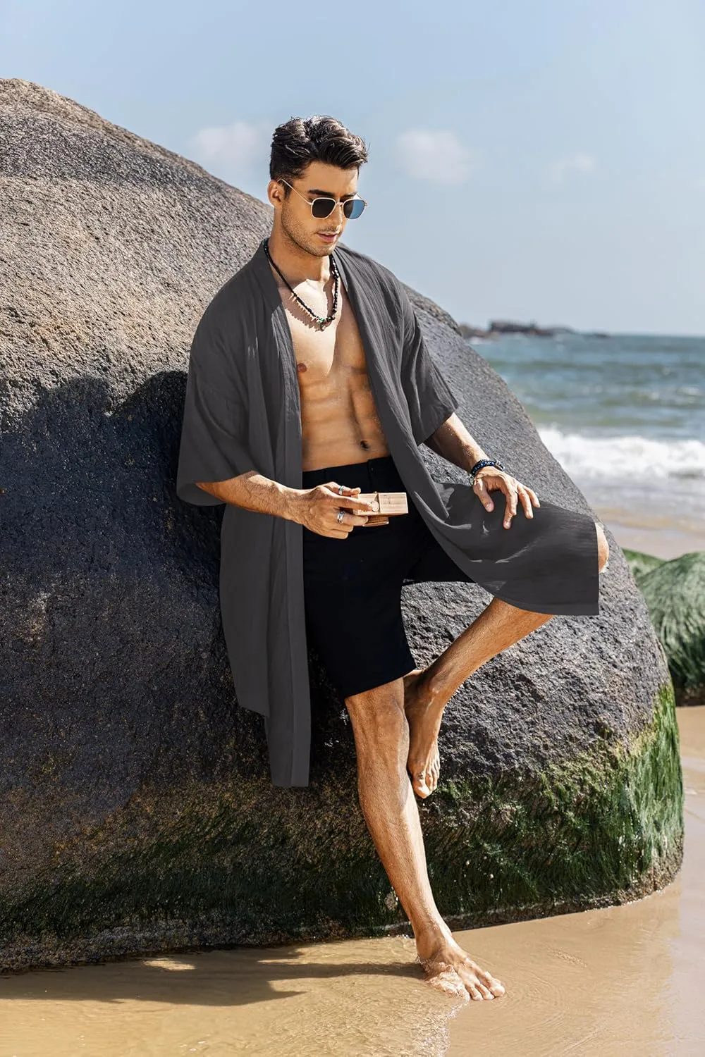 COOFANDY Men's Ruffle Shawl Collar Lightweight Cardigan Long Kimono Jackets Open Front Drape Cape Coat