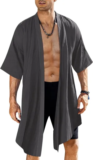 COOFANDY Men's Ruffle Shawl Collar Lightweight Cardigan Long Kimono Jackets Open Front Drape Cape Coat