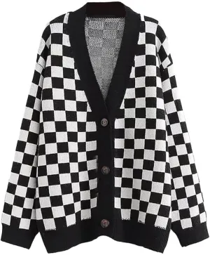 CORIRESHA Women's Fall Checkered Long Sleeve Cardigan Sweet Cute Cozy Knit Sweater Coat