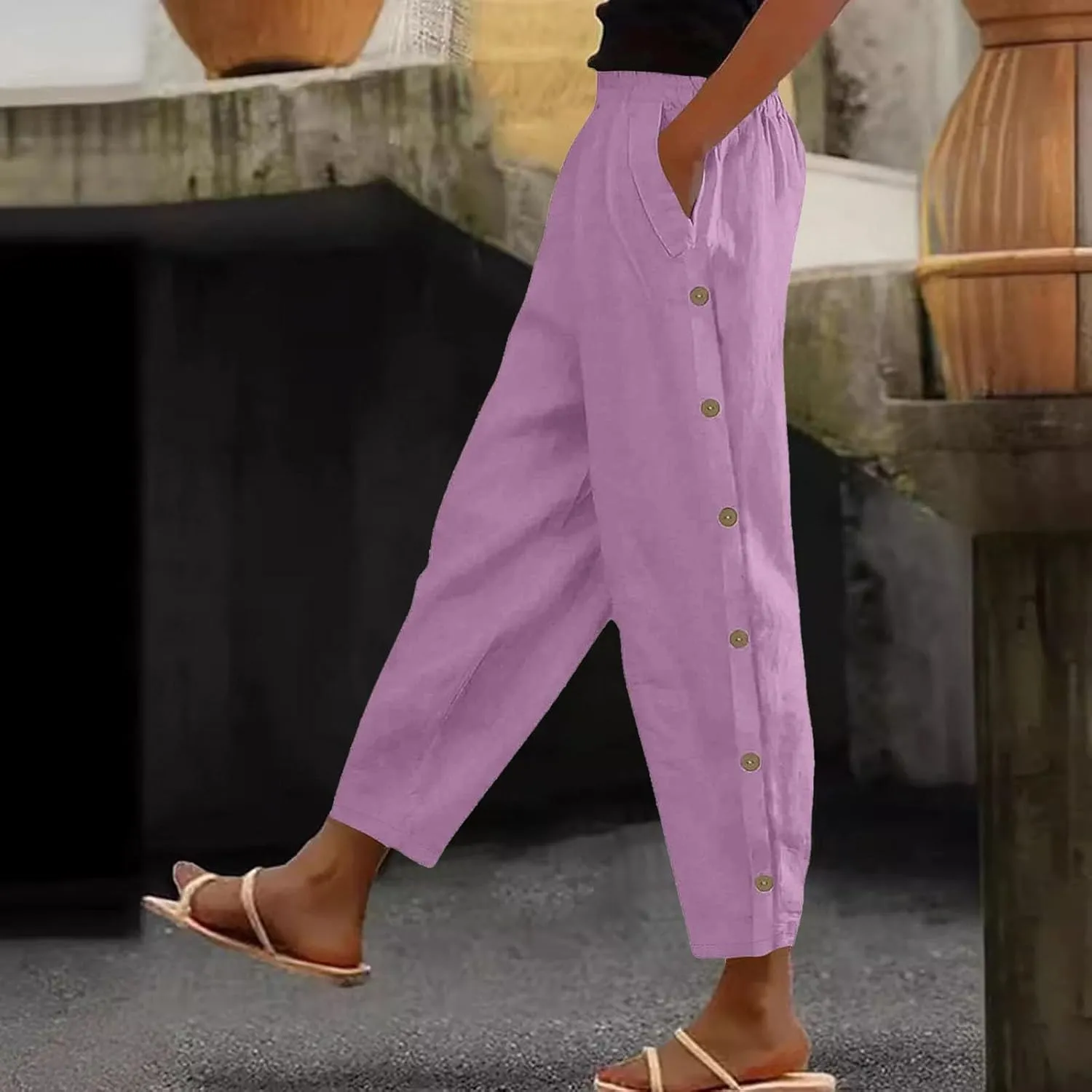 Cotton Linen Pants for Women Loose Fit Buttons Wide Leg Pants Drawstring Elastic Trousers Straight Leg Pants with Pockets