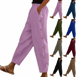 Cotton Linen Pants for Women Loose Fit Buttons Wide Leg Pants Drawstring Elastic Trousers Straight Leg Pants with Pockets